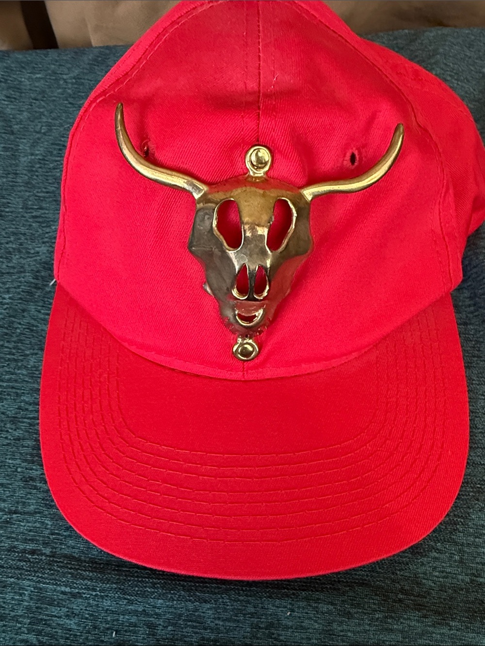 Red Cap with Gold Bull Skull Accent